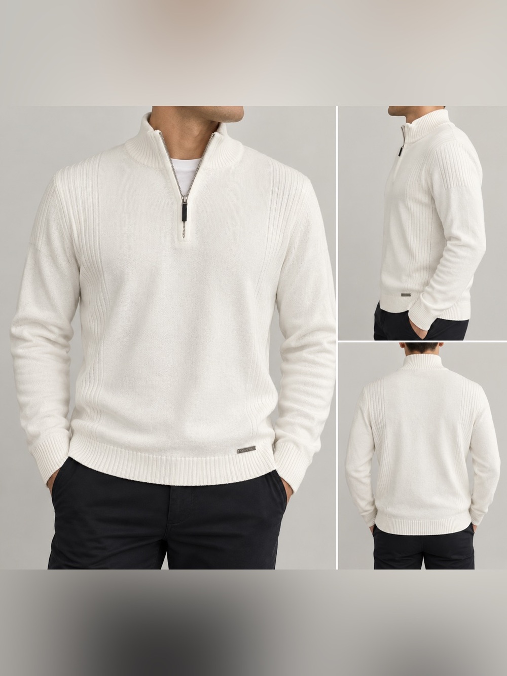 Calvin Klein White 100% Cotton Quarter Zip Mock Neck Sweater Men’s M